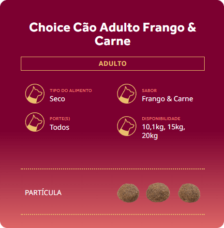 Banner sobre especificações da Ração Gran Plus Choice Cães Adultos