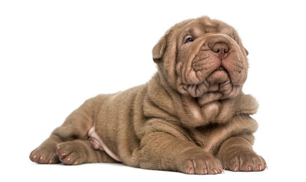 Filhote de Shar-pei Filhote de um cão da raça Shar-pei deitado