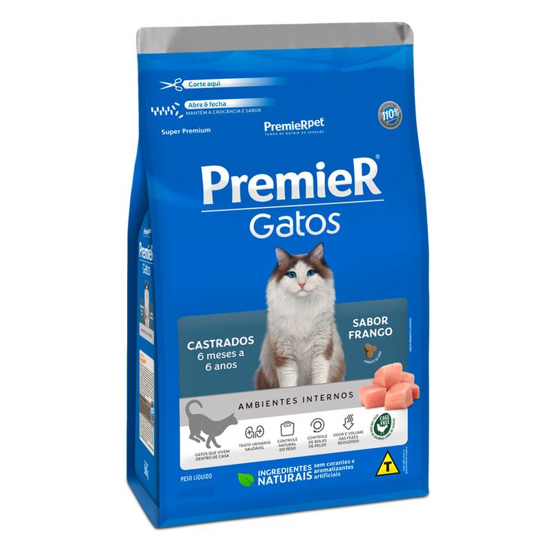 Foto-do-produto-Racao-Premier-Gatos-Castrados-6-Meses-a-6-Anos-Ambientes-Internos-Frango-75kg-no-petshop-online-da-Tudo-de-Bicho