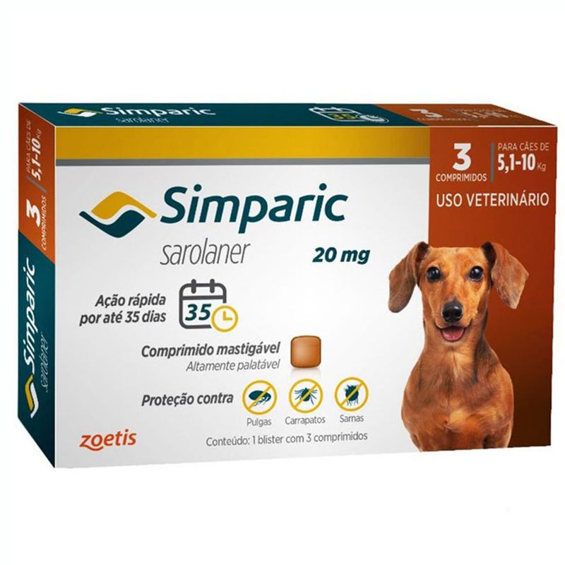 Foto-do-produto-Simparic-Antipulgas-e-Carrapatos-20mg-para-Caes-de-51-a-10kg-3-Comprimidos-no-petshop-online-da-Tudo-de-Bicho