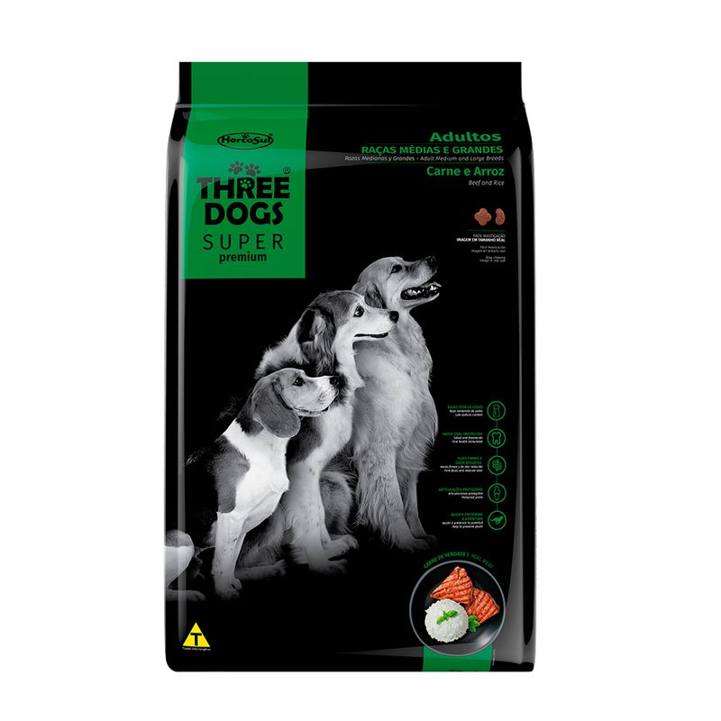 Foto-do-produto-Racao-Caes-Three-Dogs-Super-Adultos-Racas-Medias-e-Grandes-Carne-e-Arroz-101kg-no-petshop-online-da-Tudo-de-Bicho