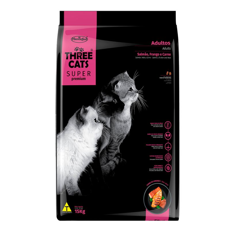 Foto-do-produto-Racao-Gatos-Three-Cats-Super-Adultos-Salmao-e-Frango-500g-no-petshop-online-da-Tudo-de-Bicho