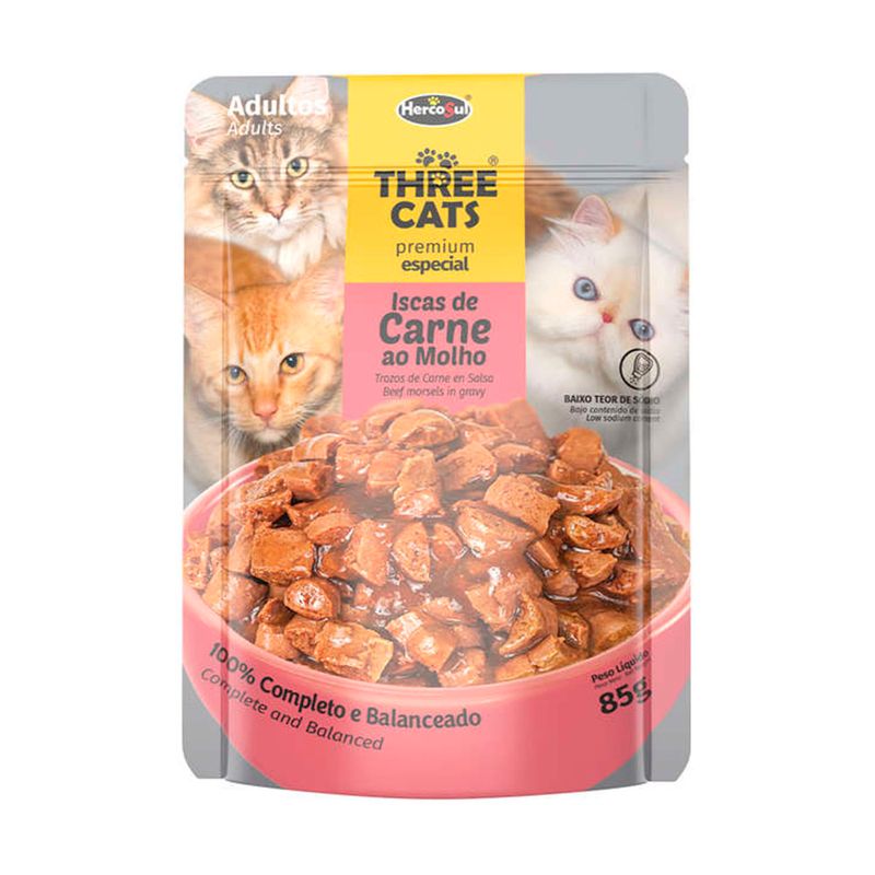 Foto-do-produto-Racao-Umida-Three-Cats-Original-Adultos-Carne-Sache-85g-no-petshop-online-da-Tudo-de-Bicho