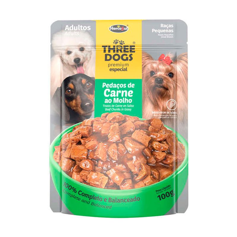 Foto-do-produto-Racao-Umida-Three-Dogs-Original-Adultos-Racas-Pequenas-e-Mini-Sache-100g-no-petshop-online-da-Tudo-de-Bicho