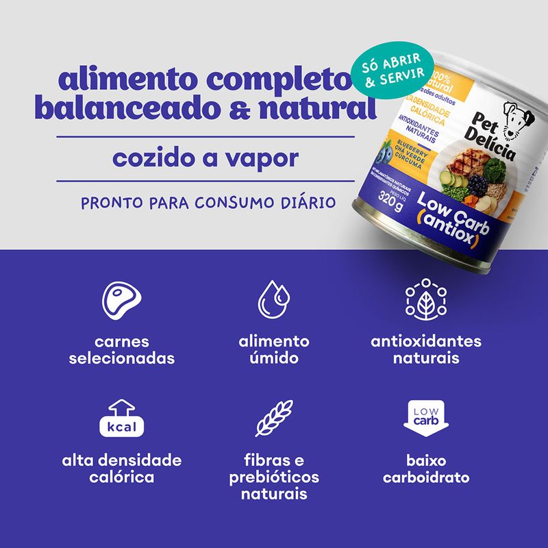 Foto-do-produto-Racao-Umida-Pet-Delicia-Caes-Low-Carb-Blend-Antiox-320g-no-petshop-online-da-Tudo-de-Bicho