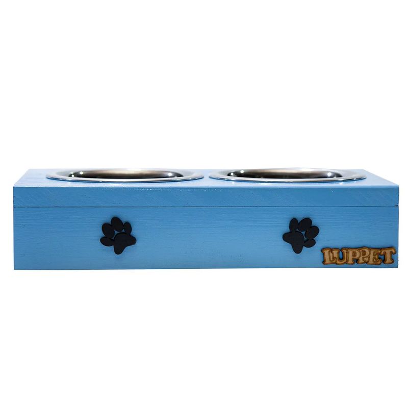 Foto-do-produto-Comedouro-Duplo-Para-Caes-e-Gatos-Patinhas-Madeira-Com-Potes-Inox-Luppet-Azul-no-petshop-online-da-Tudo-de-Bicho