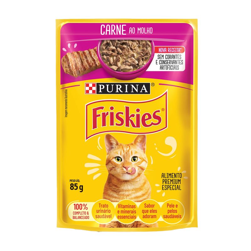 Foto-do-produto-Racao-Umida-Nestle-Purina-Gatos-Friskies-Carne-ao-Molho-Sache-85g-no-pet-shop-online-da-Tudo-de-Bicho