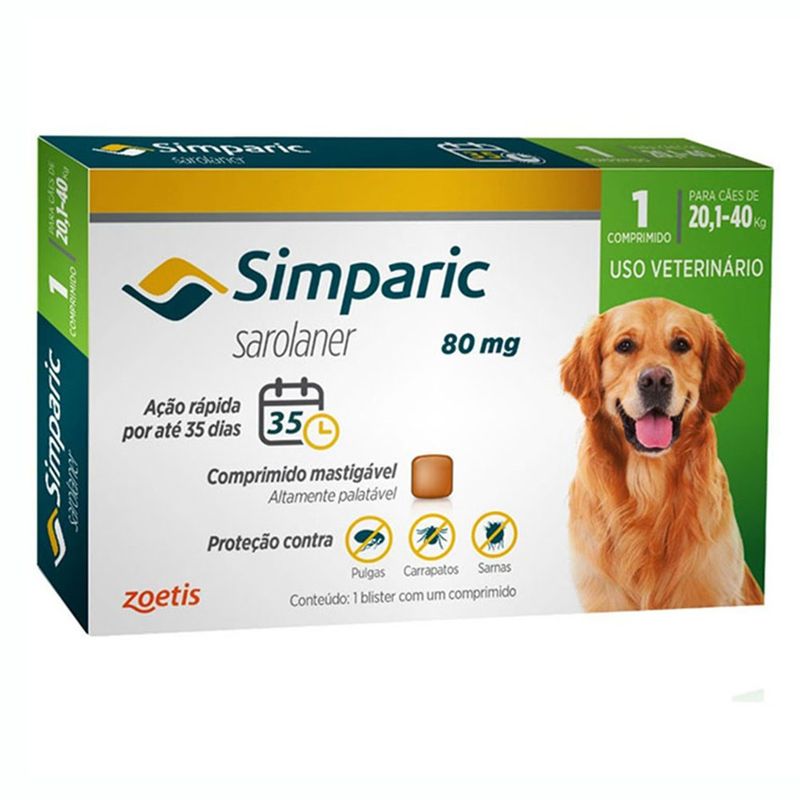 Foto do Produto Simparic Antipulgas e Carrapatos 80mg  Para Cães de 20 a 40kg 1 Comprimido no Petshop Online da Tudo de Bicho