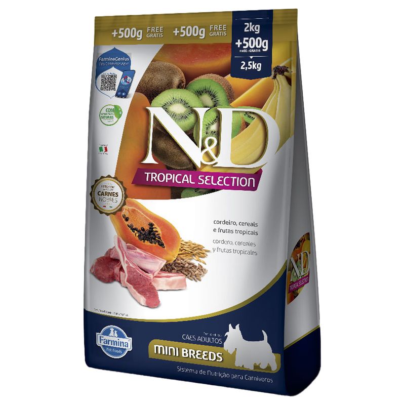 Foto-do-produto-Racao-ND-Tropical-Selection-Para-Caes-Adultos-Mini-Cordeiro-Leve-25kg-e-Pague-2kg-no-pet-shop-online-da-Tudo-de-Bicho
