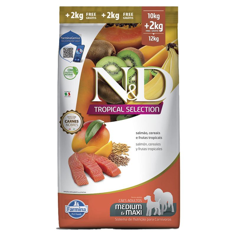 Foto-do-produto-Racao-ND-Tropical-Selection-Para-Caes-Adultos-Medium-e-Maxi-Salmao-Leve-12kg-e-pague-10kg-no-pet-shop-online-da-Tudo-de-Bicho