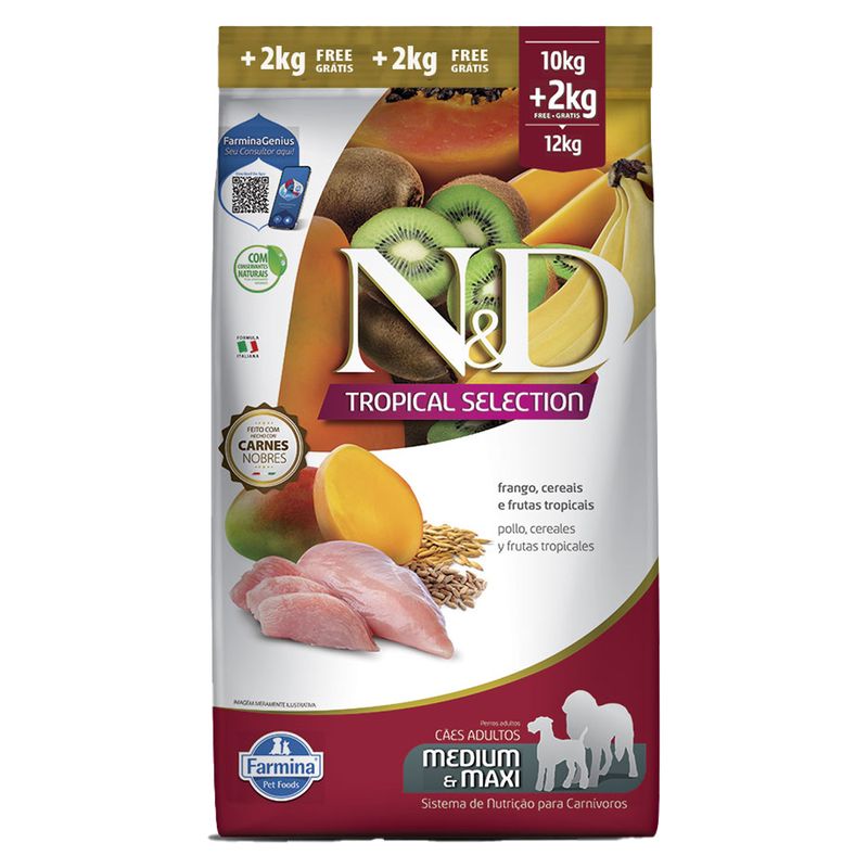 Foto-do-produto-Racao-ND-Tropical-Selection-Para-Caes-Adultos-Medium-e-Maxi-Frango-Leve-12kg-e-Pague-10kg-no-pet-shop-online-da-Tudo-de-Bicho