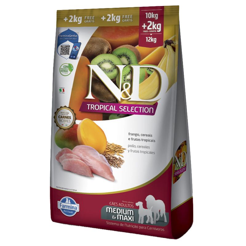 Foto-do-produto-Racao-ND-Tropical-Selection-Para-Caes-Adultos-Medium-e-Maxi-Frango-Leve-12kg-e-Pague-10kg-no-pet-shop-online-da-Tudo-de-Bicho