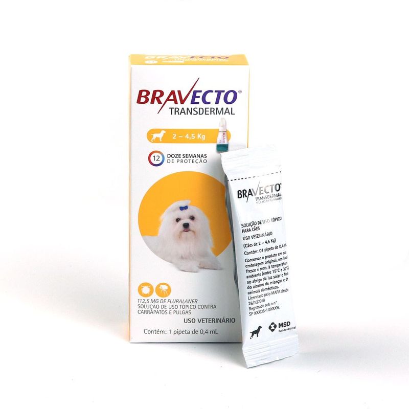 Foto do produto Antipulgas e Carrapatos MSD Bravecto Transdermal para Cães de 2 a 4,5kg (112,5mg) no pet shop online da Tudo de Bicho