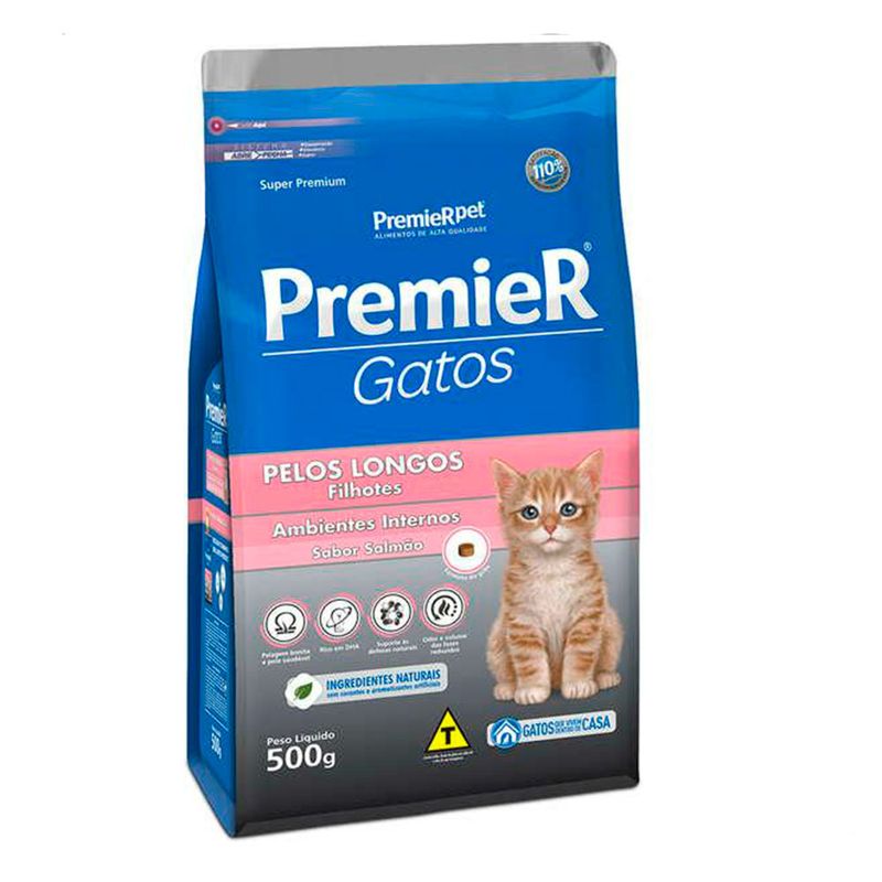Foto-do-produto-Racao-Premier-Gatos-Filhotes-Pelos-Longos-Ambientes-Internos-Salmao-500g-no-petshop-online-da-Tudo-de-Bicho