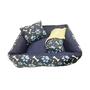 Kit Cama Manta Travesseiro CamaPet para Cães e Gatos Ossinho Azul