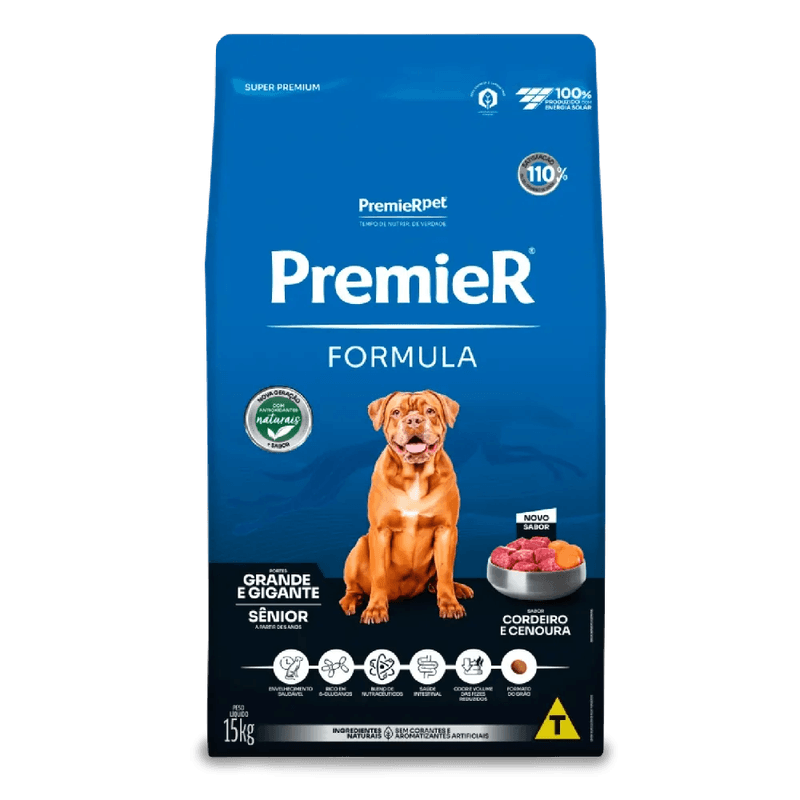 Racao Premier Formula Caes Senior Racas Grande e Gigante Cordeiro 15kg frente