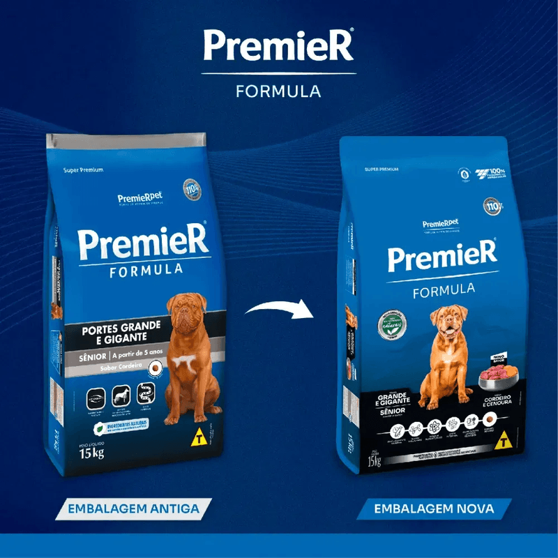 Nova embalagem Racao Premier Formula Caes Senior Racas Grande e Gigante Cordeiro