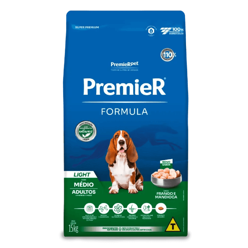 Racao Premier Formula Light Caes Adultos Racas Medias Frango 15kg frente